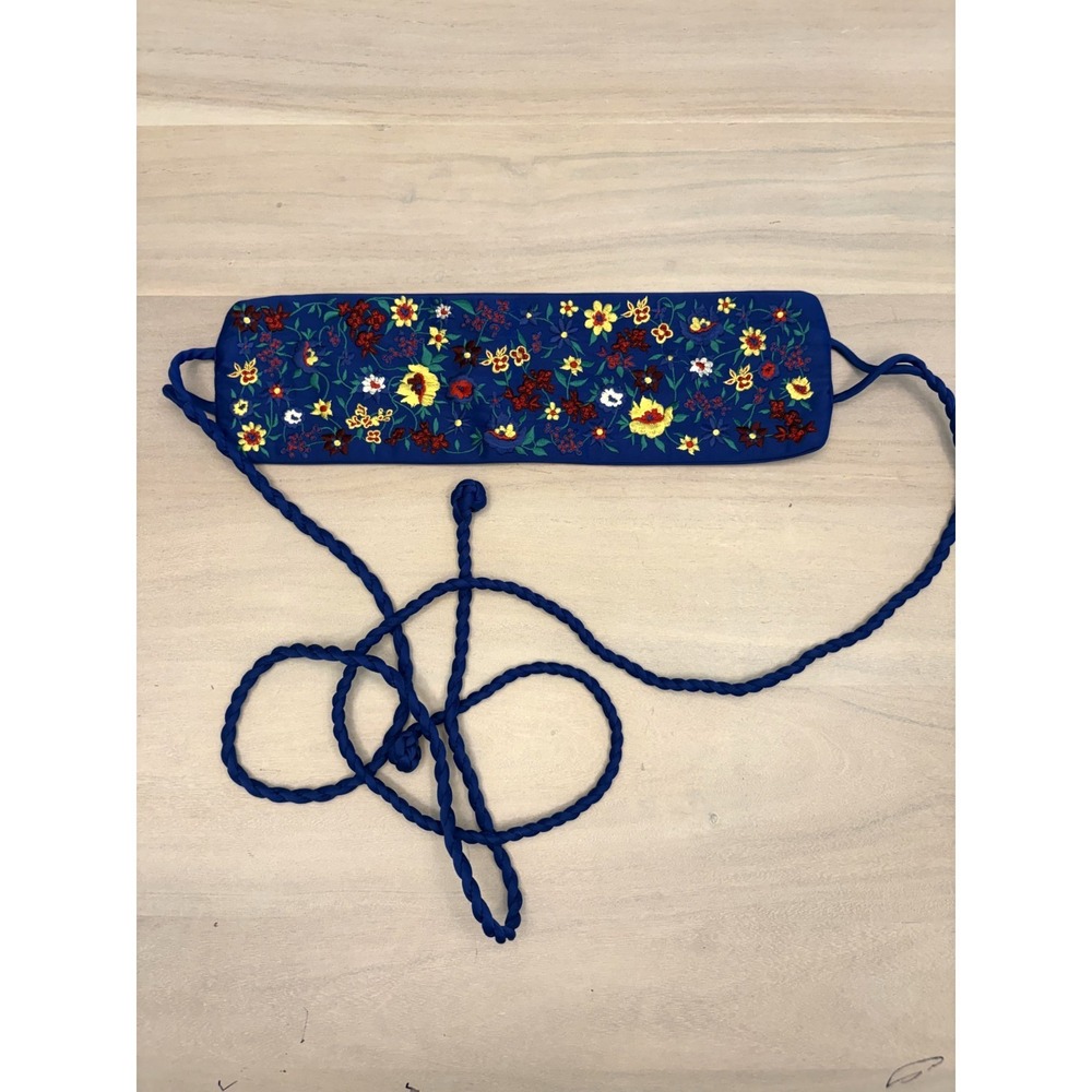 Hand Embroidered Floral Wrap Belt Blue Mexican Folk Art Artisan Sash